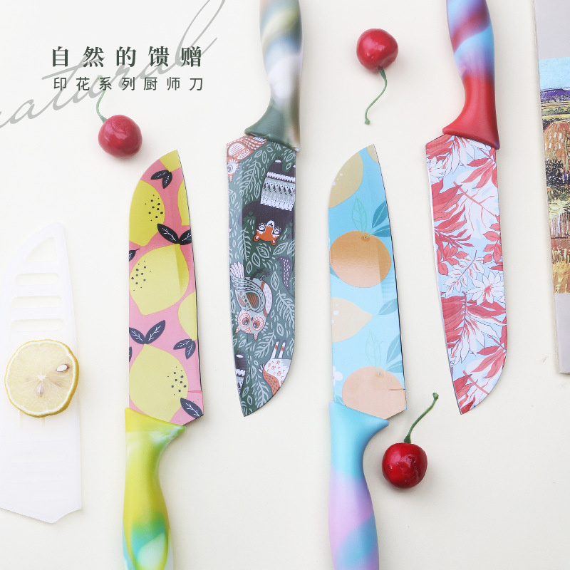 Printed small kitchen knife, household stainless steel chef knife, kitchen-specific cooking knife, ladies' special complementary food chef knife full figure