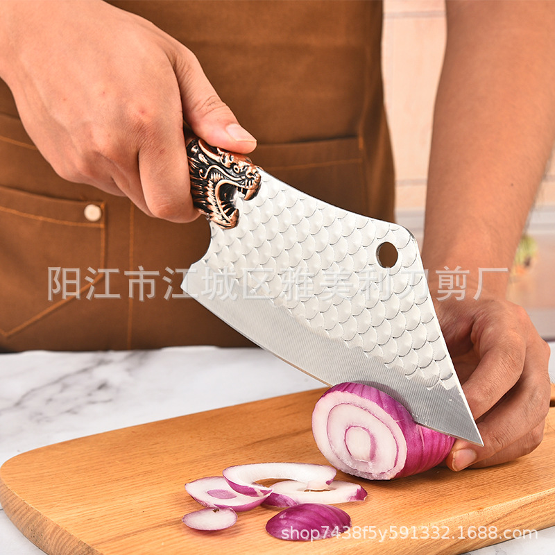 Factory wholesale kitchen slicing knives, ancient-style forged dragon head fish scale pattern chopping knives, kitchen knives, bone chopping knives, household knives Specification drawing