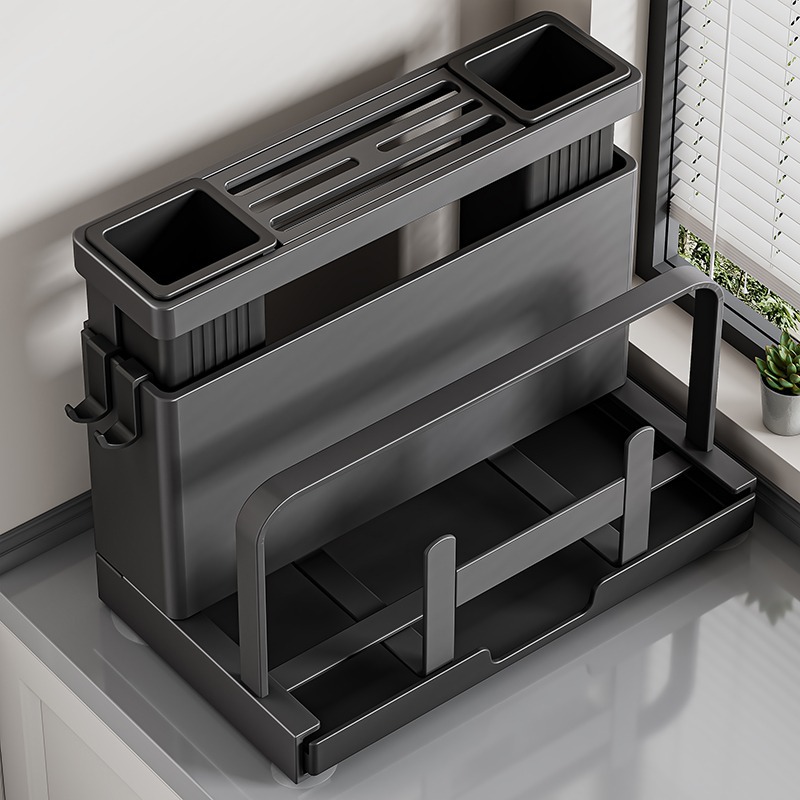 The 2025 new stainless steel kitchen knife rack, storage rack, cutting board, knives, multi-functional chopstick cage are all integrated for storage and placement full figure