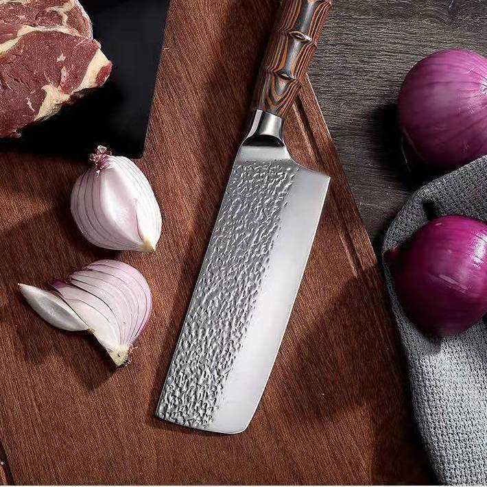 5-chromium-molybdenum-vanadium German stainless steel forged hammer-textured knife, bamboo joint color wooden handle household slicing knife, Yangjiang household stainless steel Specification drawing