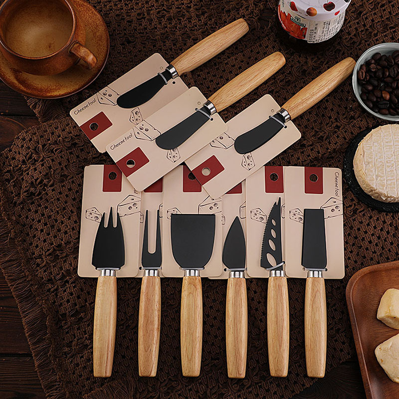 Cross-border in-stock stainless steel black non-stick coated cheese knife and fork, rubber wooden handle cheese knife, cheese knife set Specification drawing