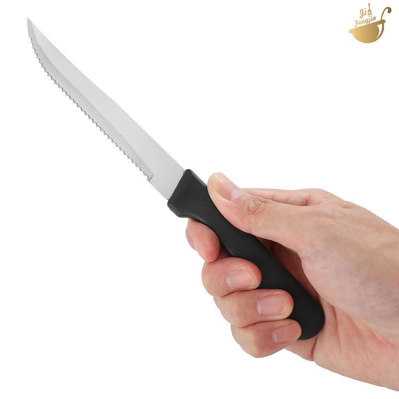 In stock: Stainless steel steak knife, black plastic handle steak knife, fine serrated steak knife, steak knife, Amazon Item Picture
