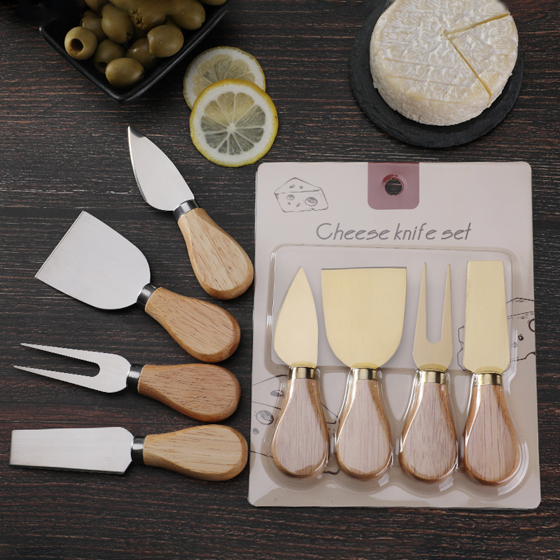 Factory stock: card-inserting packaging, rubber wooden handle, cheese tool, knife, fork, stainless steel 4-piece set, cheese knife cover Specification drawing
