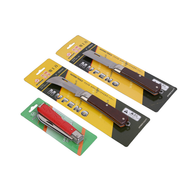 Wholesale straight-edge electrician knife cutting tools, wire stripping, bent edge, foldable wooden handle, insulated stripping knife Item Picture