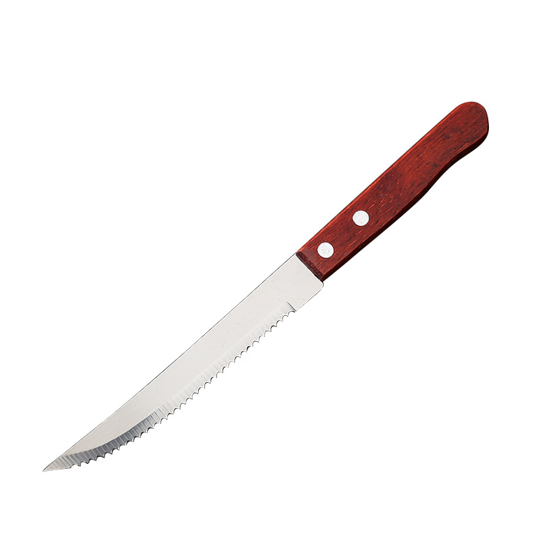 Wooden-handled steak knife, household steak cutting tableware, steak knife, Western cuisine knife, serrated stainless steel barbecue kitchenware Item Picture