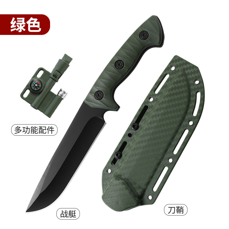 Outdoor knife, straight knife, tactical K sheath knife, camping survival knife with whistle, magnesium stick, compass, flashlight undefined