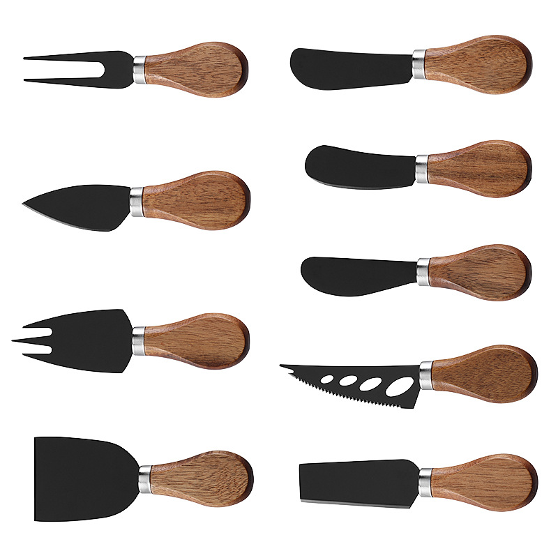 Factory stock stainless steel black non-stick coated cheese knife, butter knife, tableware knife and fork, acacia wood cheese knife Application Scenario