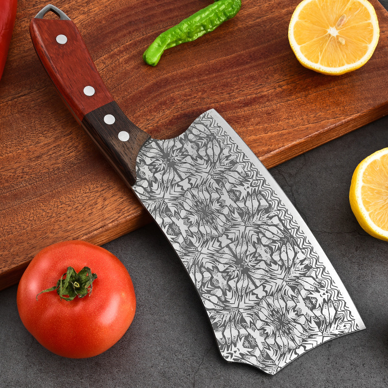 Handmade kitchen knives from the source factory, with sharp slicing and cutting edges, are used for cutting meat. They have a double-color handle with etched patterns and an integrated frame. They are dual-purpose knives Specification drawing