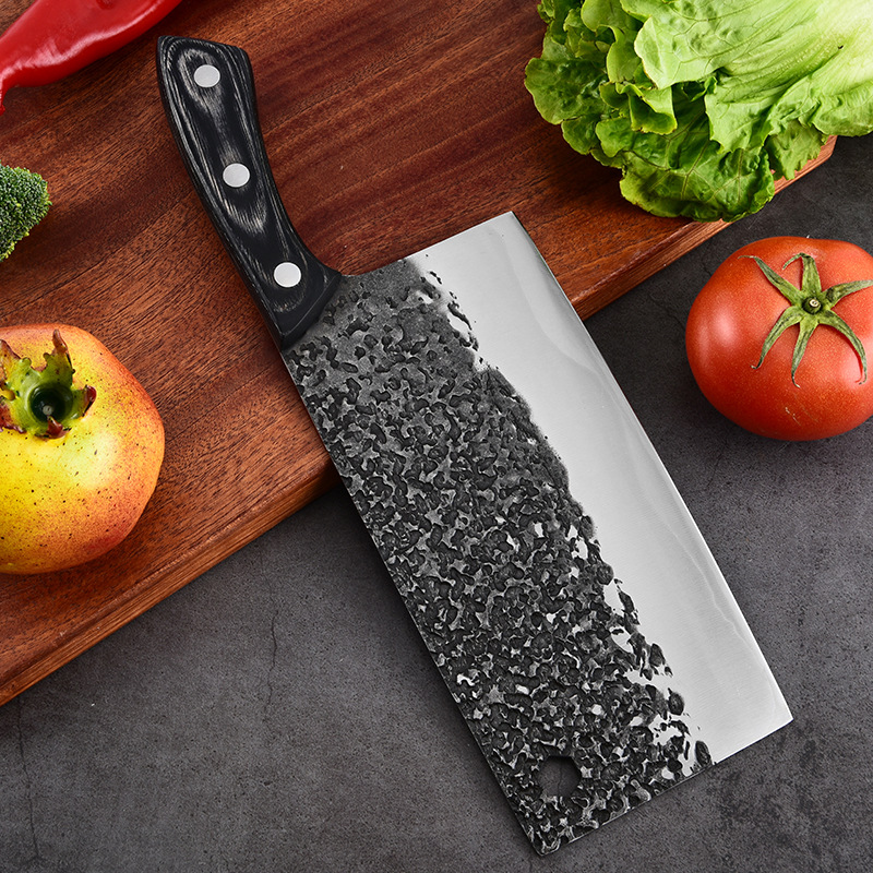 Sharp kitchen knife, express slicing knife, household stainless steel meat and vegetable cutter, black color wood dot pattern three-in-one steel chopping knife details Picture