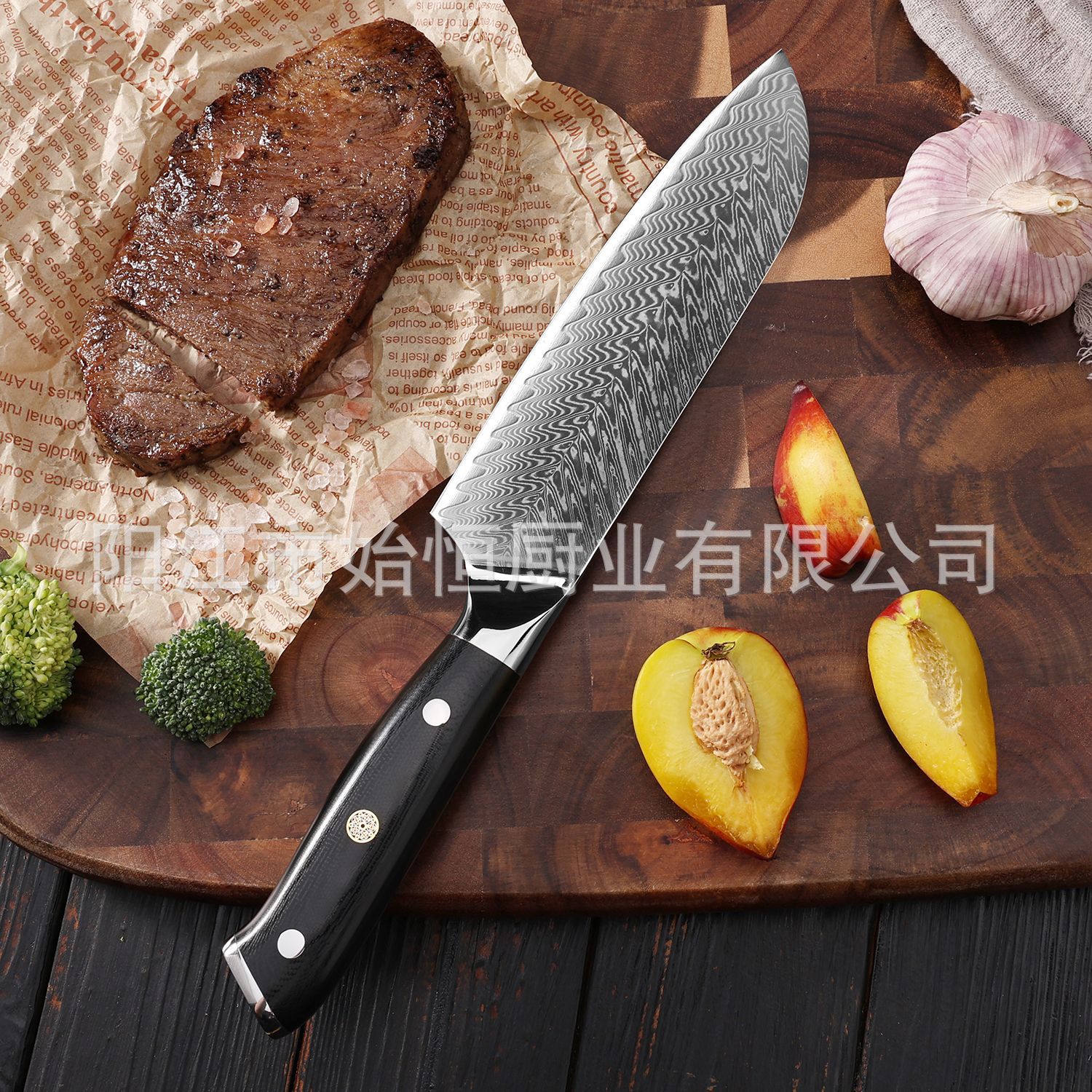 In the kitchen, Damascus chef's knife fish, raw knife fish, bone-patterned precision forged stainless steel, multi-purpose meat knife, kitchen knife, steak Specification drawing