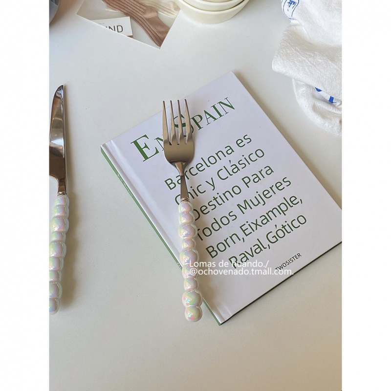"Gradient Pearl handle tableware" Stainless steel ceramic spoons and forks Western cuisine knife, fork and spoon set for home dining details Picture