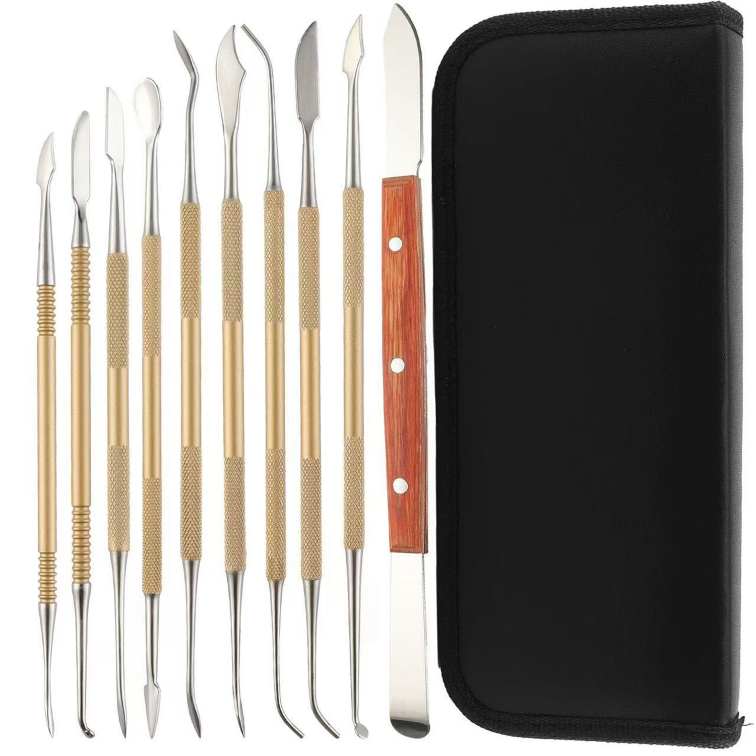 A set of 10 pieces of stainless steel composite resin filled and engraved wax spoon filler, dental technician wax mold engraving knife in stock Specification drawing