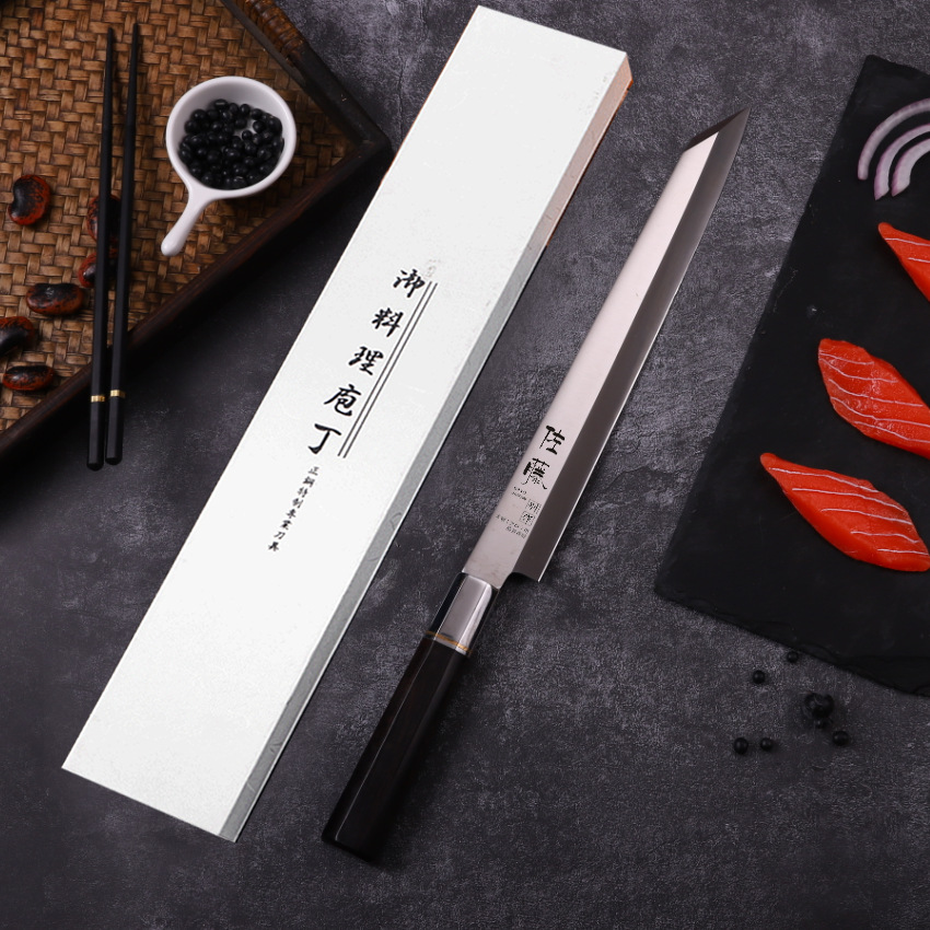 Japanese cuisine knife cutting, sashimi knife cutting, salmon knife cutting, Japanese sushi knife, filamentake knife, raw fish knife Specification drawing