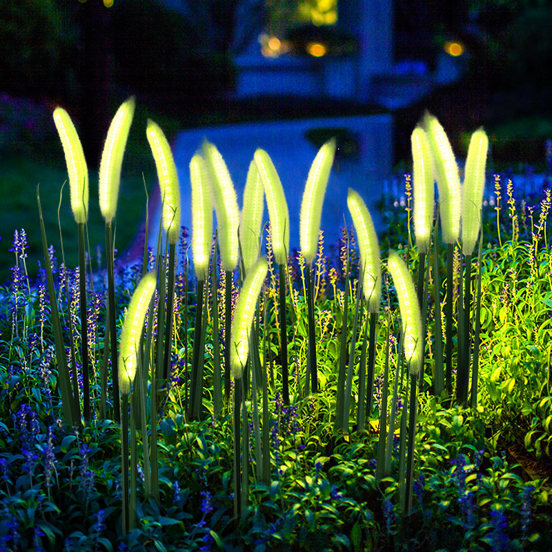 LED dogtail grass landscape lights, outdoor solar simulation flower lights, courtyard atmosphere, reed field insert lights details Picture
