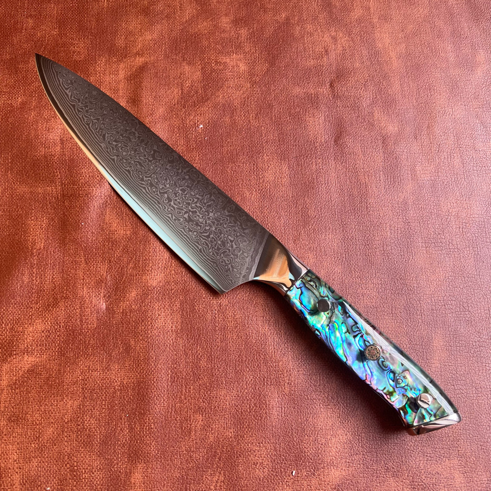 Japanese chef's knife, kitchen knife, slicing knife, meat knife, sushi knife, raw fish knife, abalone handle, Damascus steel knife Specification drawing
