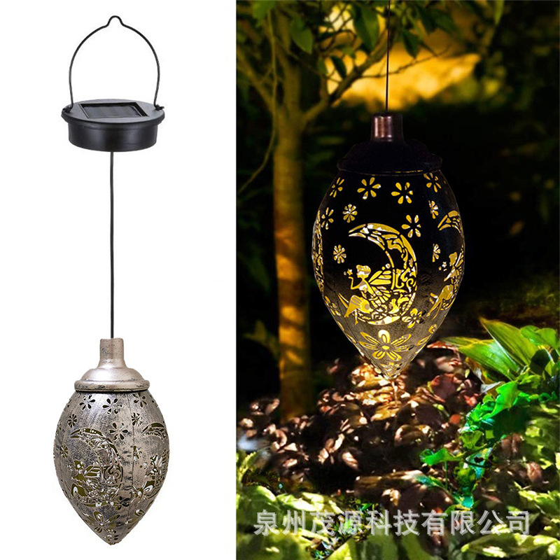 Ironwork waterproof solar lamps, water drop lamps, outdoor garden and courtyard landscape hollowed-out decorative projection lamps, lawn hanging lamps details Picture
