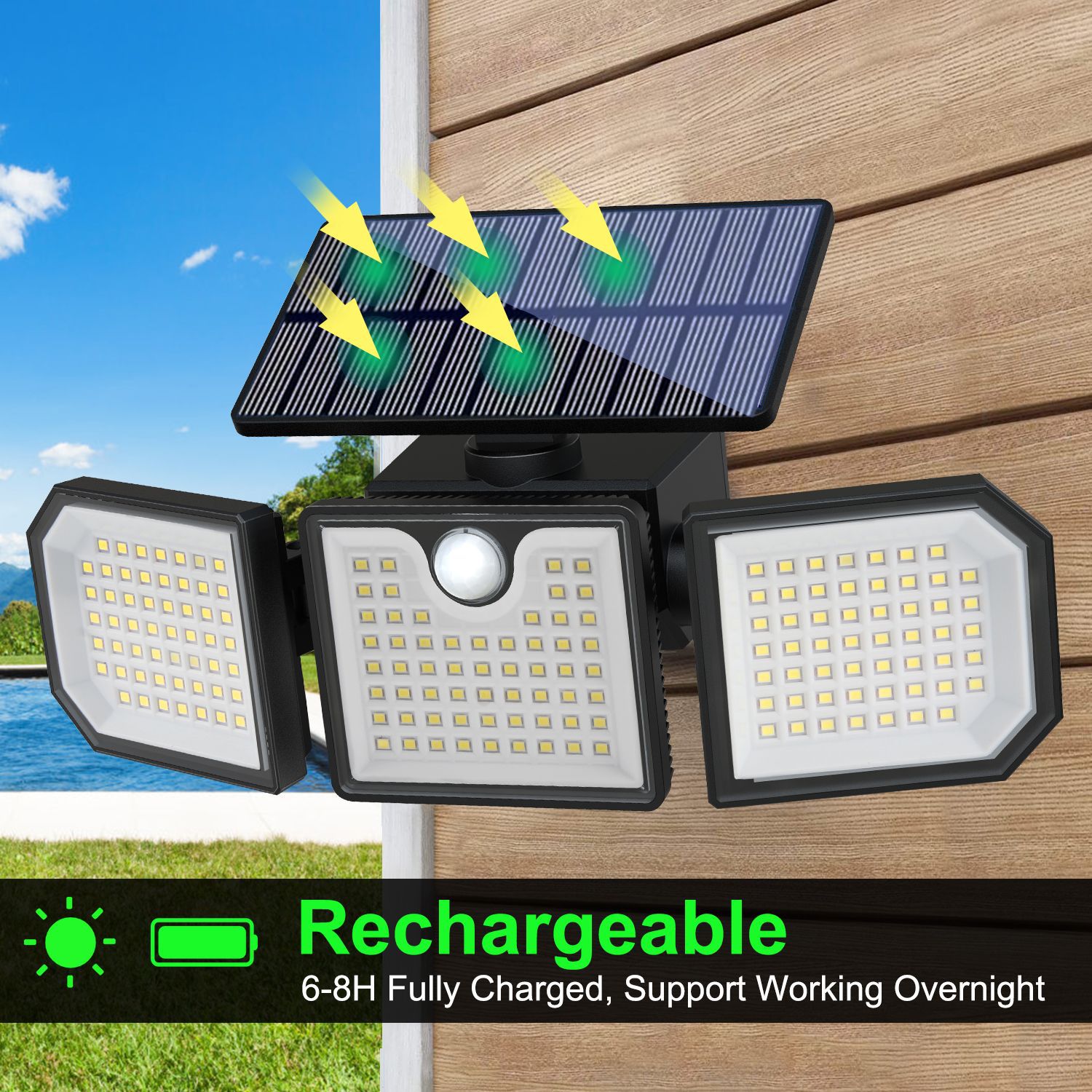 Solar lamps, outdoor three-head sensor floodlights, remote-controlled waterproof searchlights, courtyard lighting street lamps, emergency lights full figure