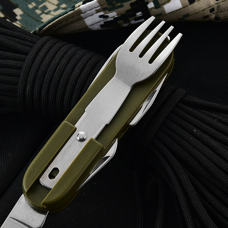 Factory direct sales of camping detachable multi-functional folding knife, fork and spoon set tableware, portable outdoor three-piece set tableware Application Scenario