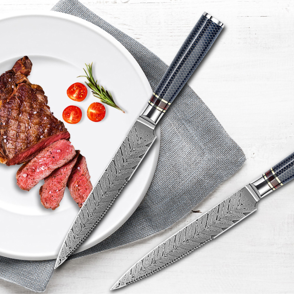 Damascus steel VG10 knife, stainless steel knife, thickened steak serrated knife, 5-inch Western-style steak knife Specification drawing