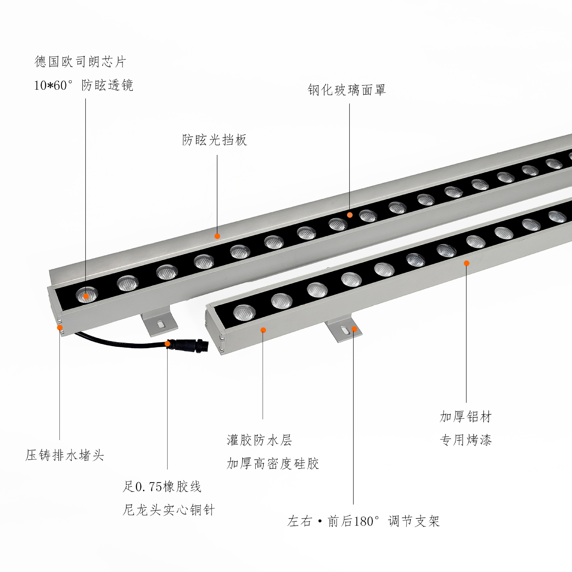 The wall-washing light is a seven-color single-color ultra-bright outdoor waterproof baffle, anti-glare, and fully filled with glue. It can be made for the high-pressure exterior walls of hotels and villas Specification drawing