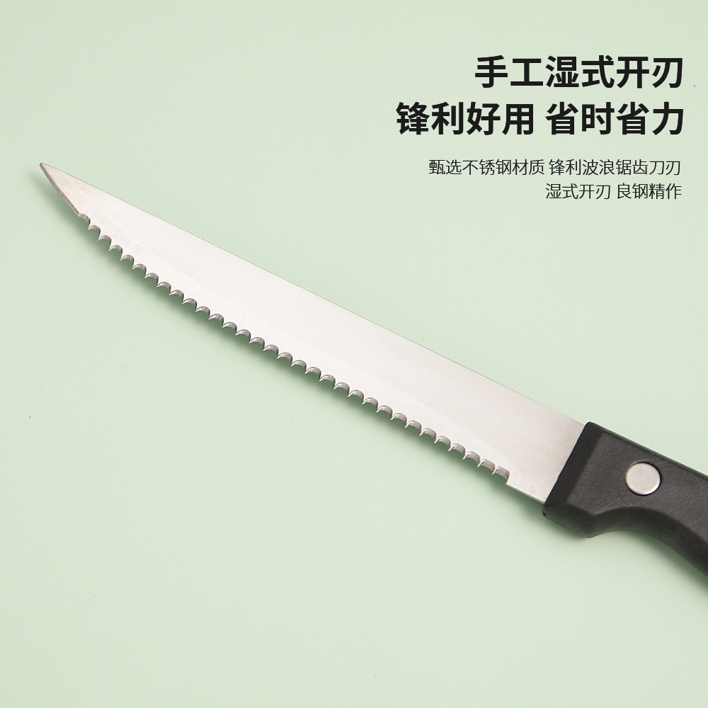 In-stock cross-border Amazon stainless steel serrated knife, fruit knife, barbecue meat slicer, mirror light steak knife, plastic-handled steak details Picture