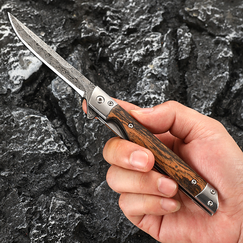 Multi-purpose outdoor camping quick-opening knife, stainless steel portable high-hardness folding knife, Damask pattern folding knife Specification drawing