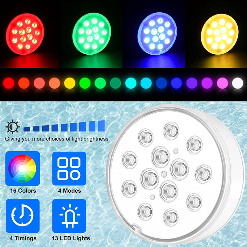 New usb charging waterproof LED 13-light rgb seven-color color-changing RF remote control diving light timed swimming pool underwater light Specification drawing