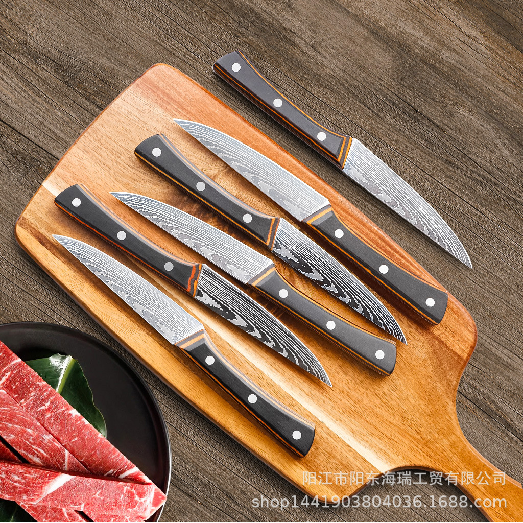 A 5-inch steak knife with a square handle made of colored wood, specifically designed for home use in restaurants. It is sharp and lightweight, and can be used in kitchens for cutting vegetables and meat across borders full figure