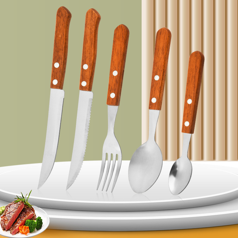 Stainless steel Western-style knife, fork and spoon sets, steak knife, fork and soup spoon set, wooden handle tableware four-piece set, cross-border bestseller recommendation details Picture