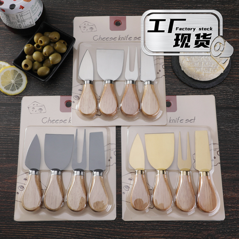 Factory stock: card-inserting packaging, rubber wooden handle, cheese tool, knife, fork, stainless steel 4-piece set, cheese knife cover full figure