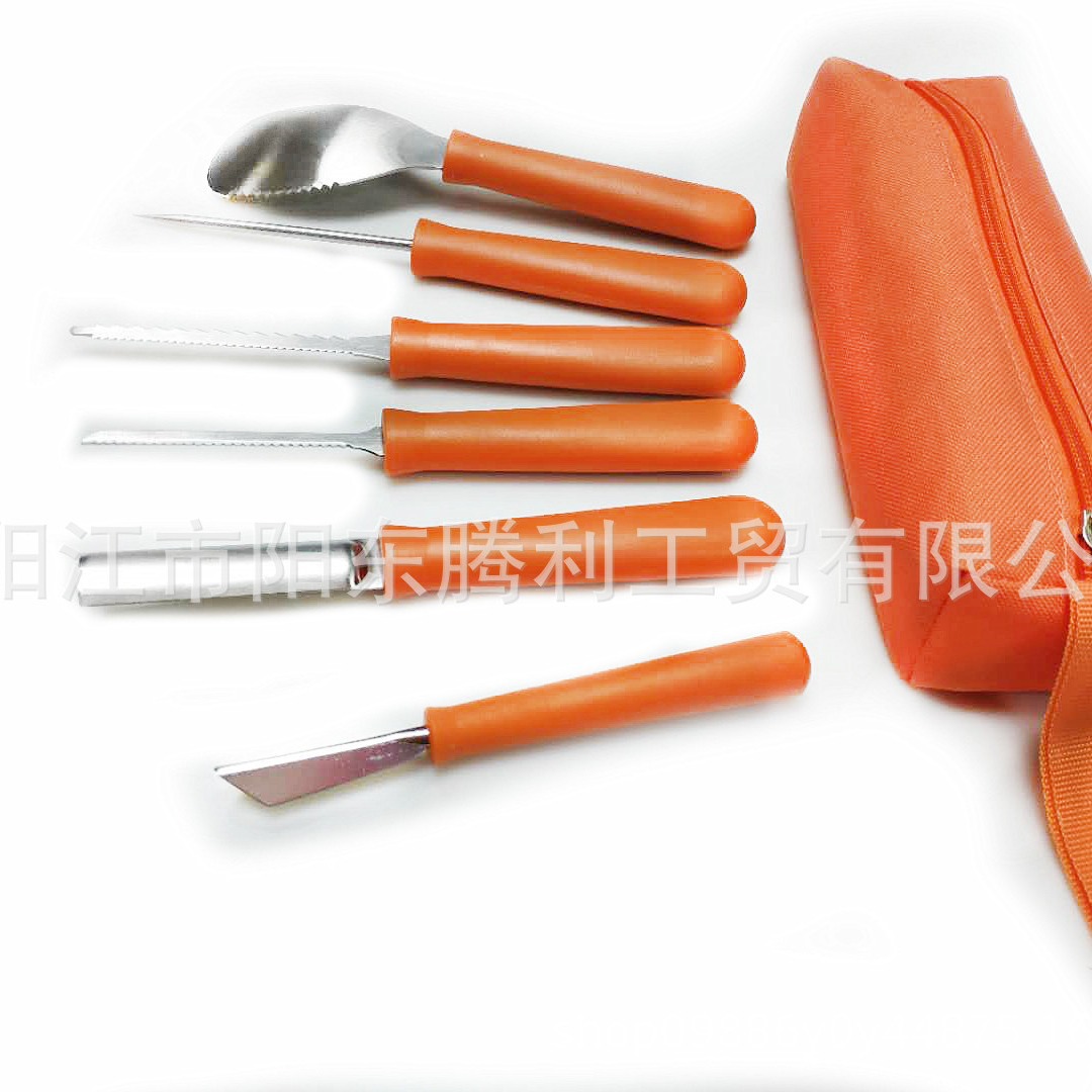 12-piece set of Halloween PP plastic wooden handle carving tools, pumpkin fruit carving knife, creative stainless steel details Picture