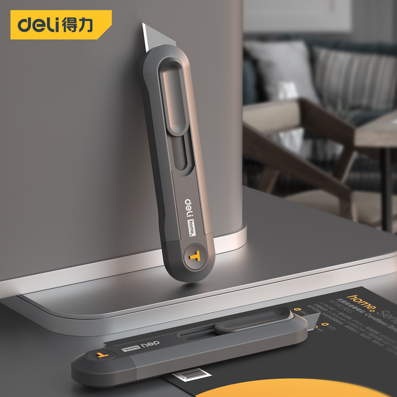 Deli home Series Self-locking plastic-handled utility knife, rebound wallpaper knife, small portable professional unboxing tool knife details Picture