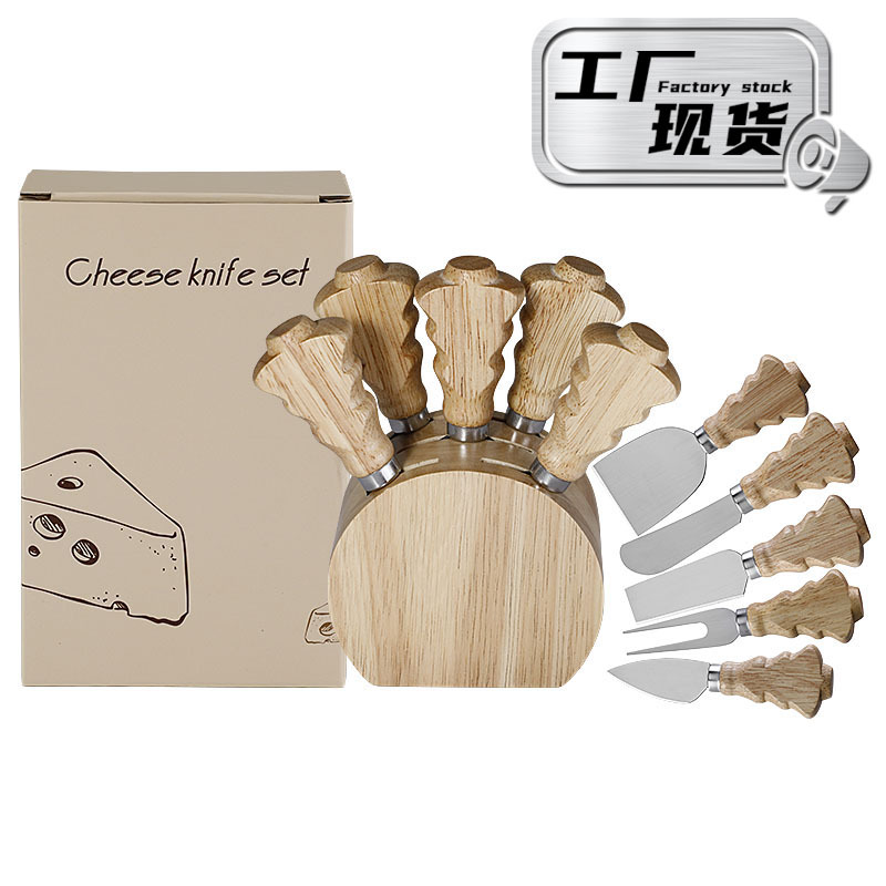 Cross-border cheese knife, rubberwood storage rack, Christmas tree handle, cheese knife set, 5-piece set, cream knife with knife holder full figure