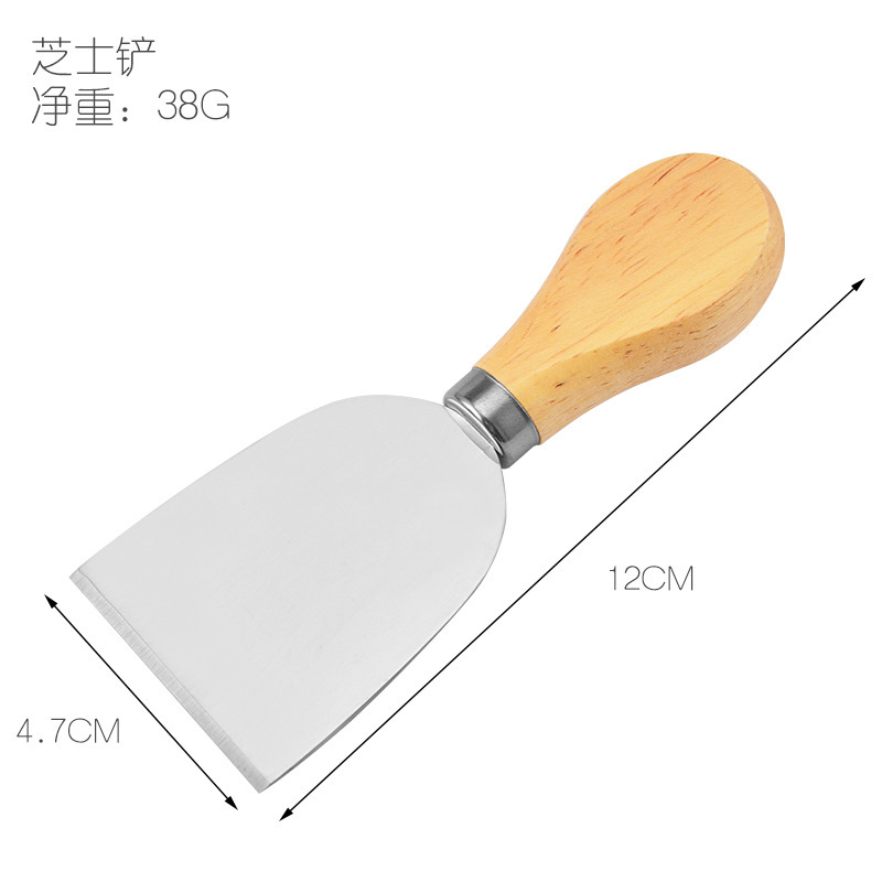 Factory wholesale stainless steel cheese knife and fork three-piece set, wooden handle cheese knife set, household baking tools Specification drawing