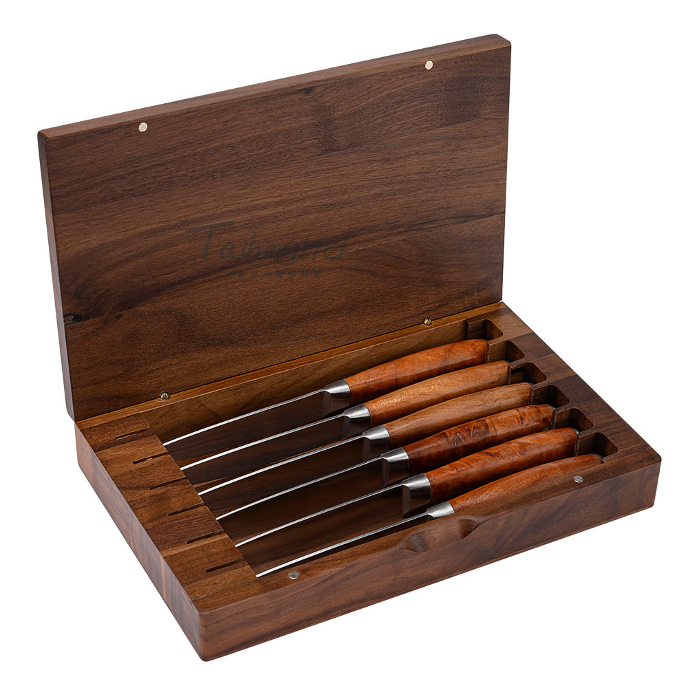 New six-piece set of shadow wood handle steak knife, 6-piece set of stainless steel 420J2 steak knife and fork, walnut wood box Item Picture