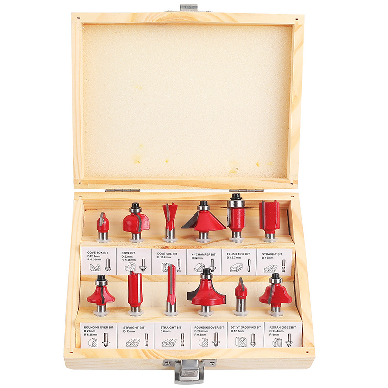 12-piece and 15-piece sets of milling cutter sets, edge decoration machines, engraving machines, woodworking milling cutters, 1/4 shank, 1/2 shank, hard alloy cutter heads details Picture