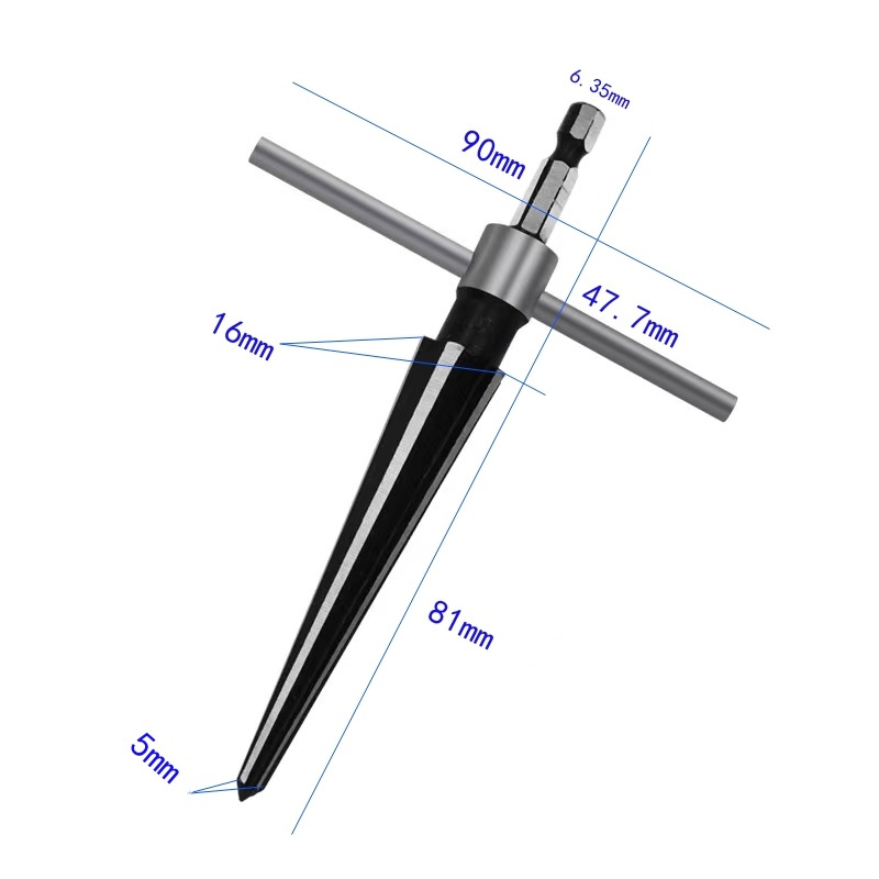 Hand-held conical reamers, conical reamers for woodworking machines, T-shaped reamers, hole openers, chamfering and reaming countersunk cutting tools Specification drawing
