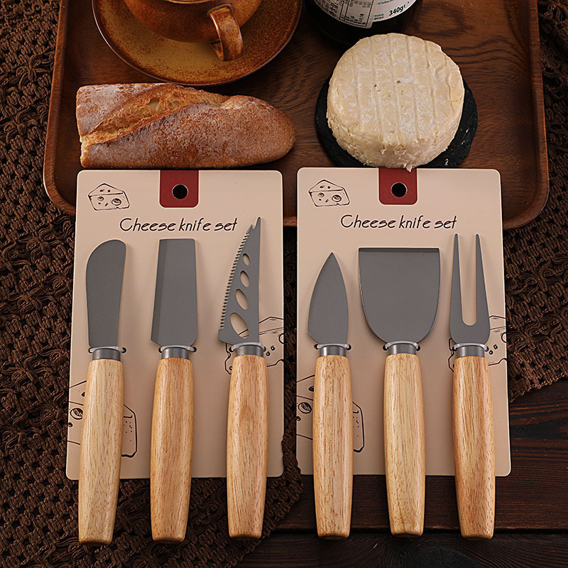 Factory stock rubber wooden handle cheese knife set, three-piece set, stainless steel tableware, cream spatula, titanium-coated cheese knife Specification drawing