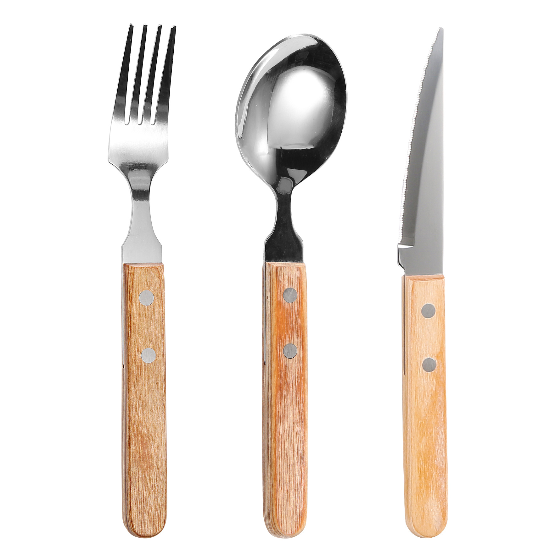 In stock: Stainless steel handle tableware, knife, fork and spoon three-piece set, hotel steak knife, new wooden handle steak knife and fork, Western-style Item Picture