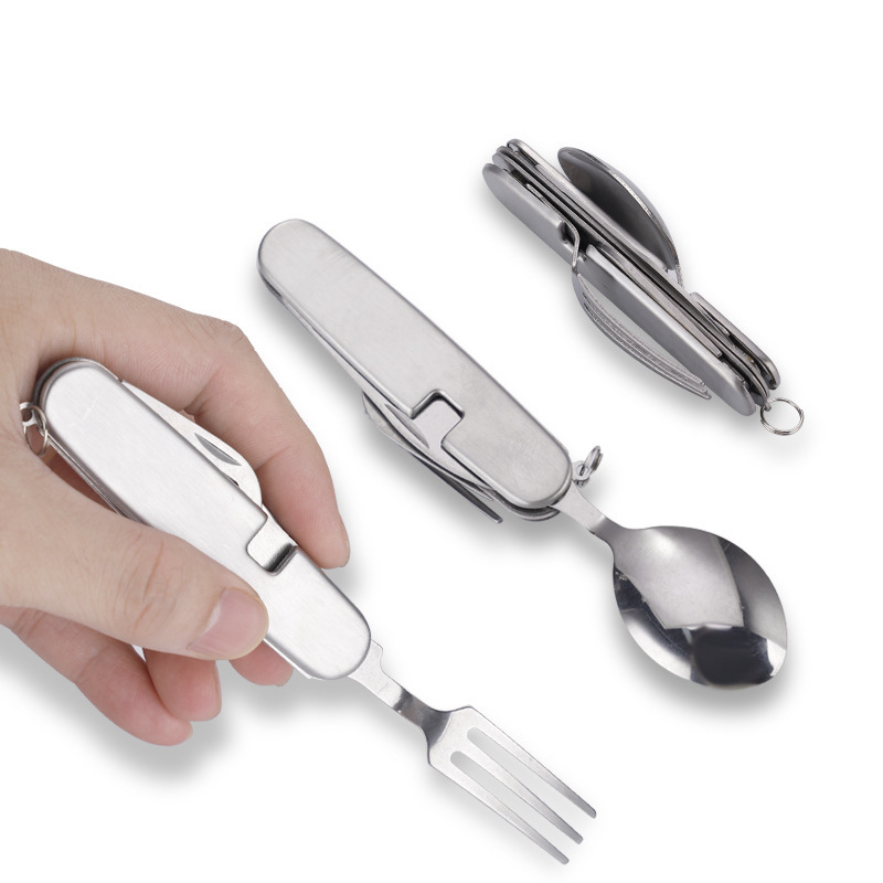 One-piece portable folding and storage stainless steel knife, fork and spoon, outdoor multi-purpose camping tableware, creative picnic tools details Picture