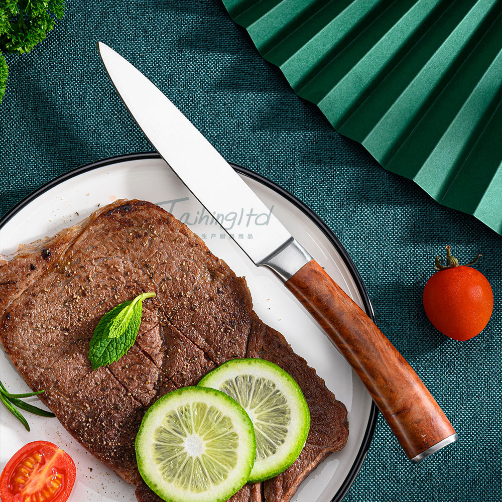 New six-piece set of shadow wood handle steak knife, 6-piece set of stainless steel 420J2 steak knife and fork, walnut wood box full figure