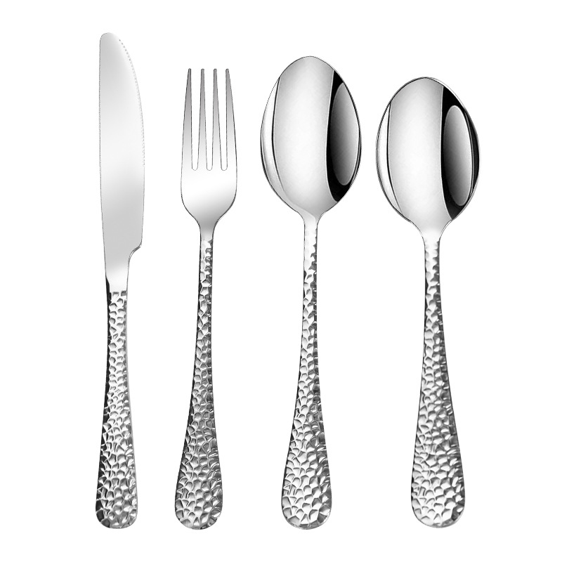 Cross-border hammer-patterned stainless steel knife, fork and spoon tableware set, high-end Western family steak knife and fork, gold-plated spoons and forks Item Picture