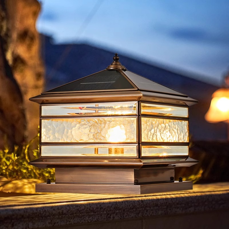 All-copper column head lamp, solar waterproof outdoor garden lamp, household power connection, villa gate column, fence column lamp details Picture