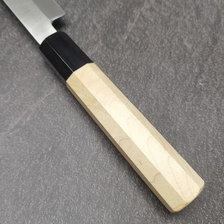 sashimi knife, a Japanese cuisine knife made of two-piece steel, features sashimi and salmon with a horn-shaped handle Specification drawing