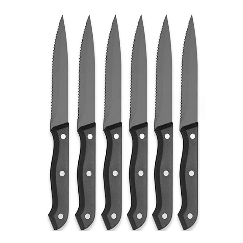 Cross-border best-selling stainless steel black-plated steak knife, 5-inch pointed bread knife with serrated PP handle, outdoor barbecue knife Application Scenario