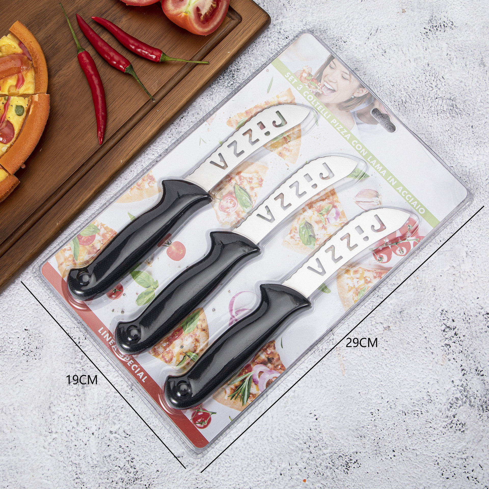 Cross-border best-selling kitchen knife 3PC set, stainless steel steak knife, home pizza knife, butter cheese knife in stock Application Scenario