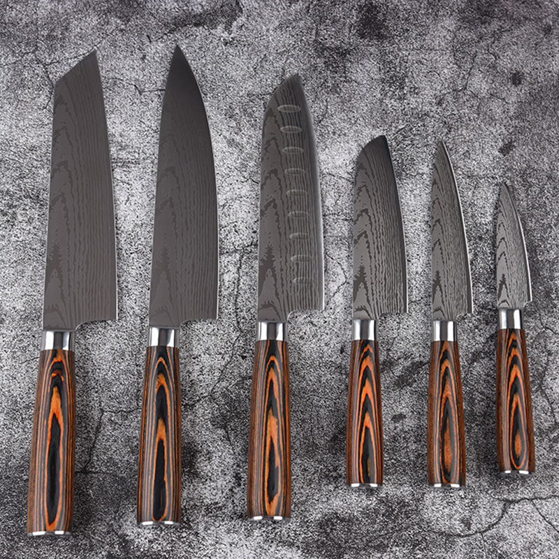 A new 6-piece set of 5CR15 stainless steel laser Damascus Japanese knife, chef knife and meat knife is now available in stock details Picture
