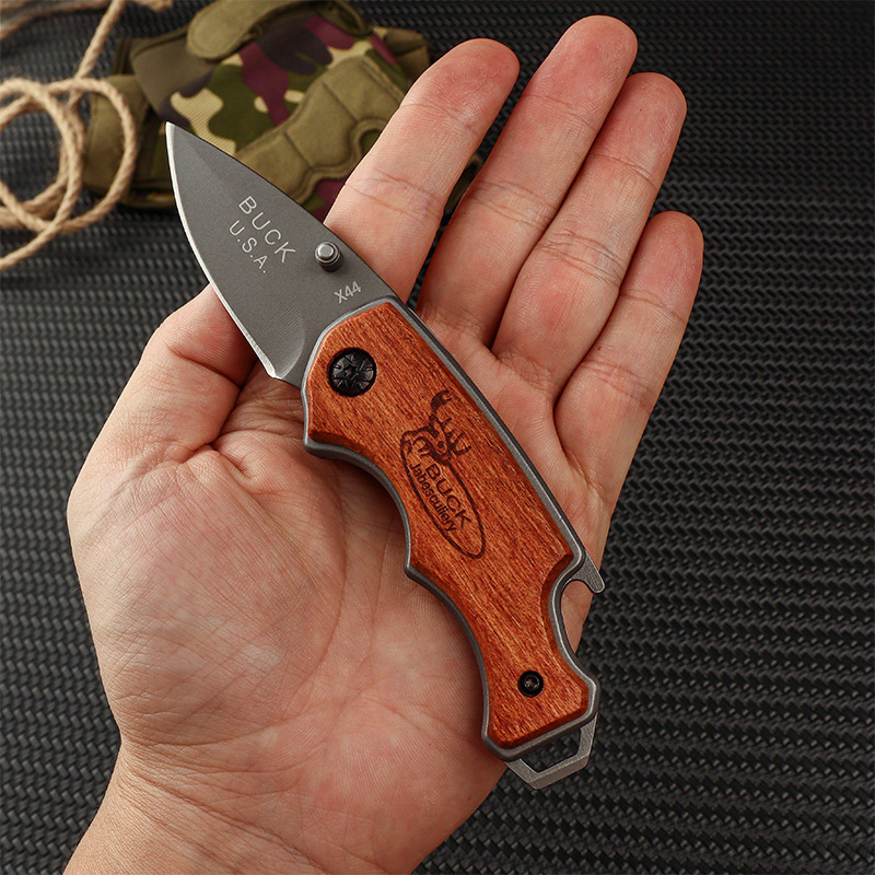 Folding knife, lockless safety wooden handle outdoor knife X44, multi-functional knife, portable mini knife, pocket knife details Picture