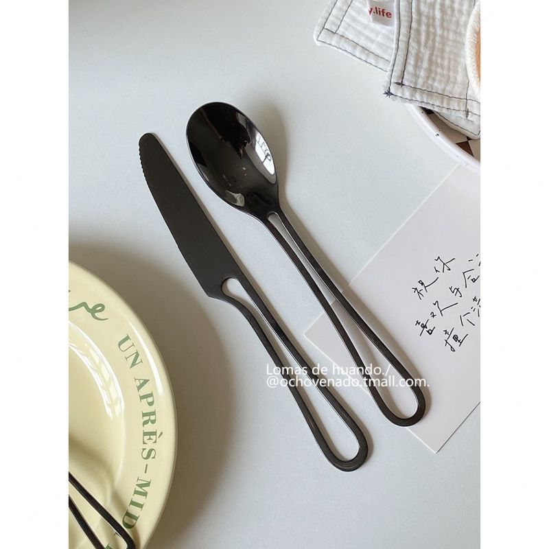 ins style stainless steel knife, fork and spoon Western tableware, metal style, black personality, rice spoon, steak knife, fruit fork, creative Application Scenario