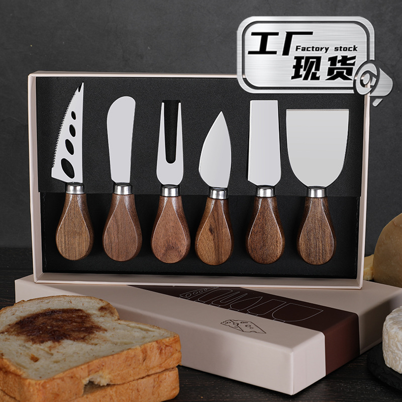 Cross-border walnut handle cheese tool set, 6-piece Western knife and fork, butter spatula, stainless steel cheese knife set full figure